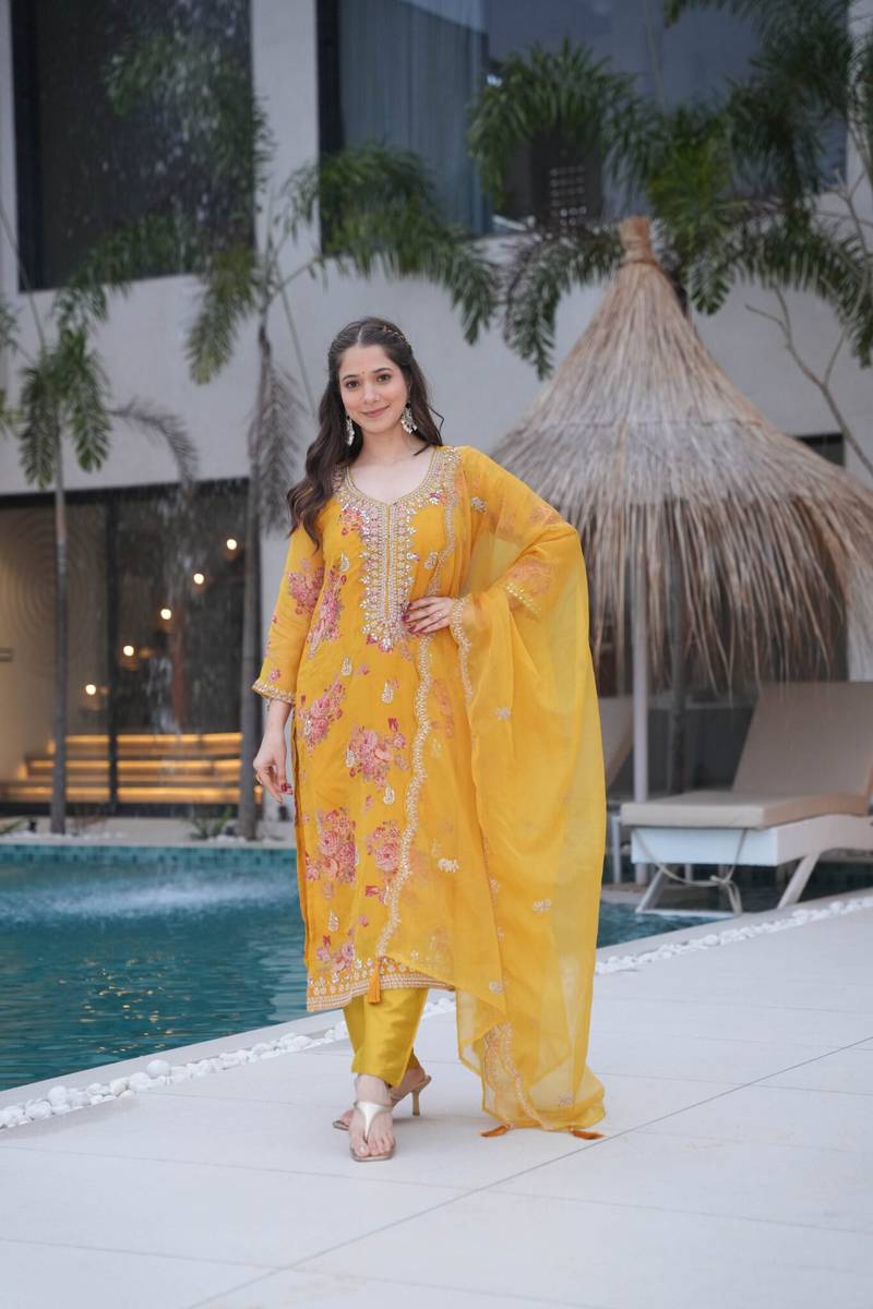 Gorgeous 3 piece heavy work kurta set.