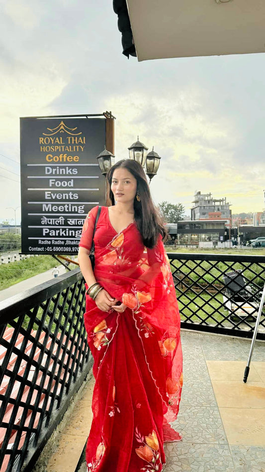 Premium Glass tissue brush printed handwork saree with stiched blouse.